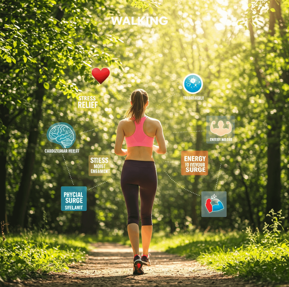 A woman walks along a forest trail wearing a pink sports top and black leggings. The image is overlaid with icons and text highlighting the benefits of walking, such as 'stress relief,' 'cardiovascular health,' 'mood improvement,' 'mental clarity,' and 'energy boost.' The serene forest background, bathed in sunlight, underscores the importance of a 'daily walk' for physical and mental well-being.