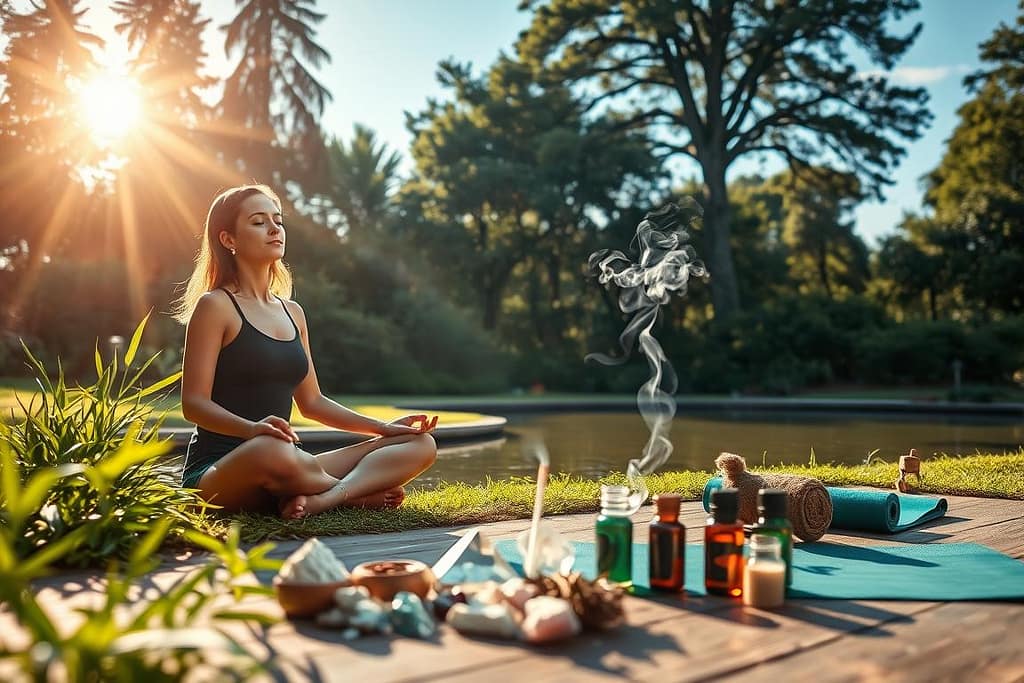 A woman embraces holistic wellness as she meditates in a serene outdoor setting by a pond, surrounded by trees. Sunlight filters through the leaves. In the foreground, there are essential oils, crystals, and a yoga mat on a wooden surface.