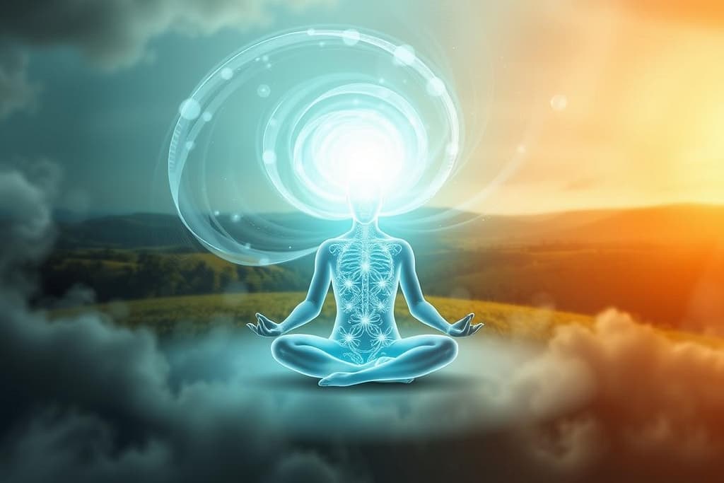 A glowing silhouette of a person sits in a lotus position, surrounded by swirling energy and light, embodying holistic wellness. The background features a serene landscape with rolling clouds and a transition from day to night, symbolizing harmony and enlightenment.