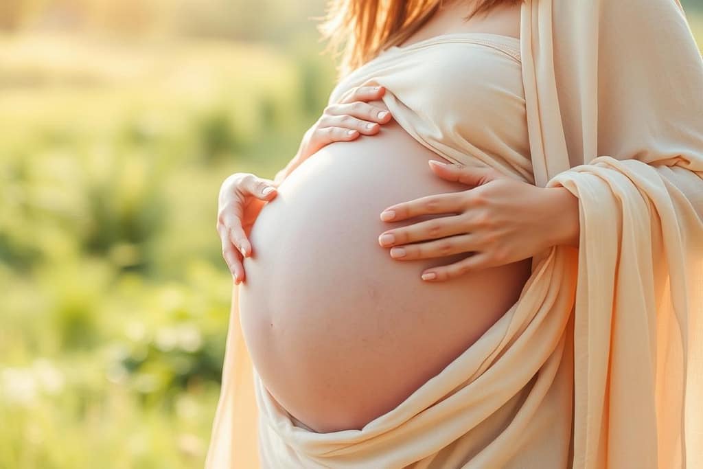 A pregnant woman stands outdoors, cradling her bare belly with both hands, embodying the essence of pregnancy exercise. She wears a flowing, light-colored dress against a blurred, sunlit green field, conveying a serene, natural setting.