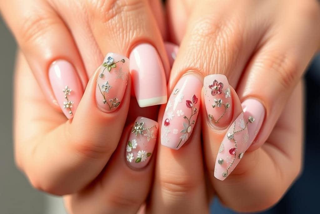 A close-up shot of colorful and stylish spring nails 2025 nail art trends, showcasing a variety of intricate and eye-catching designs. The nails feature a mix of pastel hues, metallic accents, and delicate floral patterns, complemented by a soft, natural lighting that highlights the textures and details. The composition focuses on the hands, creating a clean and minimalist aesthetic that emphasizes the artistry of the nail designs. The overall mood is fresh, vibrant, and on-trend, capturing the essence of the 'must-know' spring nail looks for 2025.