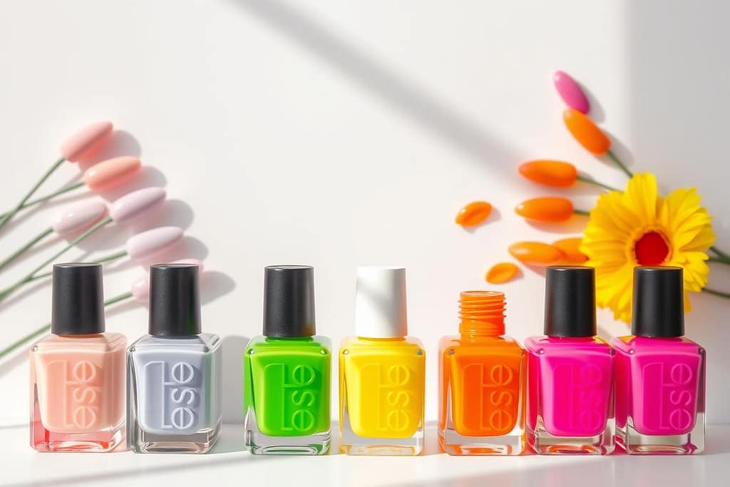 A vibrant array of spring nail polish colors arranged in a visually appealing composition. The foreground features a selection of 5-7 nail polish bottles in various hues ranging from pastel pinks and lavenders to bold chartreuse and tangerine shades. The bottles are positioned at a slight angle, casting soft shadows that create depth. The middle ground shows a crisp, white background that allows the colors to pop. Soft, natural lighting illuminates the scene, highlighting the glossy finishes of the nail polishes. The overall mood is fresh, cheerful, and on-trend, perfectly capturing the spirit of spring 2025 nail color palettes.