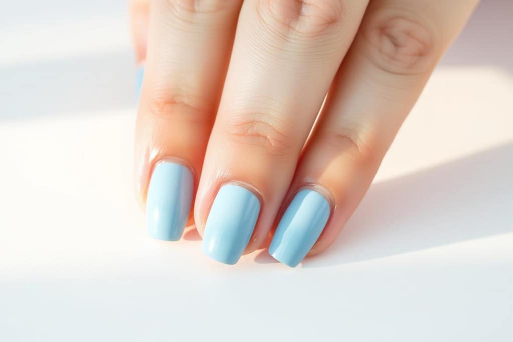 A perfectly manicured set of baby blue nails, the soft hue gently reflecting the warm light. The nails are presented against a clean, minimalist background, allowing the color to take center stage. The lighting is subtle, creating a sense of calm and effortlessness. The angle captures the nails in a flattering, three-quarter view, highlighting their elegant shape and smooth surface. The overall mood is one of spring-like freshness and simplicity, perfectly capturing the essence of the "Baby Blue Nails: Light and Effortless" trend.