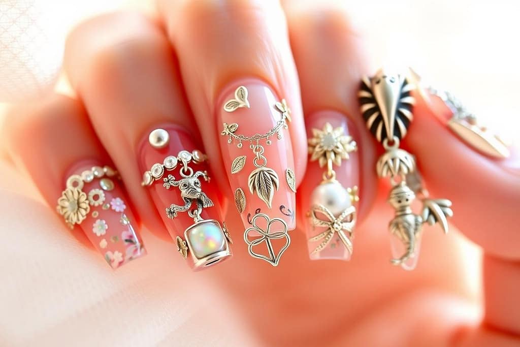 Elegant nail charms elegantly adorning a set of uniquely designed nails, against a soft, dreamy background. Close-up view, capturing the intricate details and textures of the nail art, with a warm, natural lighting that casts a gentle glow. The nails feature a mix of delicate floral patterns, metallic accents, and creative shapes, all enhanced by the captivating charm embellishments. The overall composition conveys a sense of whimsical sophistication, inviting the viewer to appreciate the artistry and personalization of this manicure.