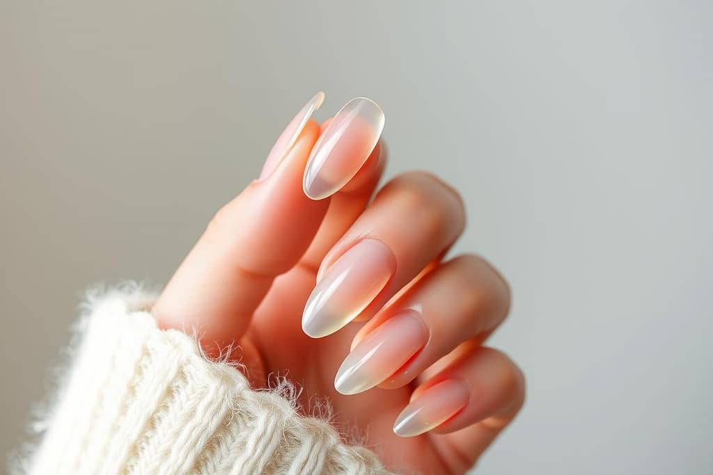 Delicate, glass-like nails with a mirror-smooth finish, reflecting the light like shimmering crystals. Perfectly manicured, with a clean, minimalist aesthetic. Captured in a soft, diffused lighting that highlights their translucent, almost ethereal quality. Photographed at a flattering angle, drawing attention to the elegant, tapered shape and flawless surface. A serene, calming atmosphere, conveying a sense of effortless sophistication and the "clean girl" vibe. Subtle, neutral tones and a plain background allow the nails to take center stage, the true stars of this captivating composition.