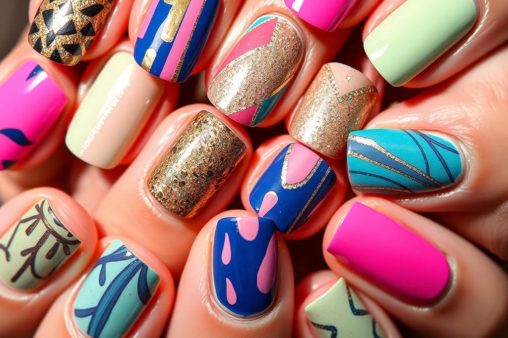 A vibrant assortment of mismatched nails, each one a unique canvas of colors and patterns. Neon pinks clash with deep indigos, metallic golds intertwine with pastel greens, creating a playful and dynamic composition. Shadows play across the cuticles, highlighting the intricate textures and shapes. The nails are captured in a close-up, crisp and detailed, with a soft, flattering lighting that accentuates the dimensional qualities of the paint. The background is blurred, keeping the focus squarely on the bold, expressive nail art that breaks free from traditional expectations.