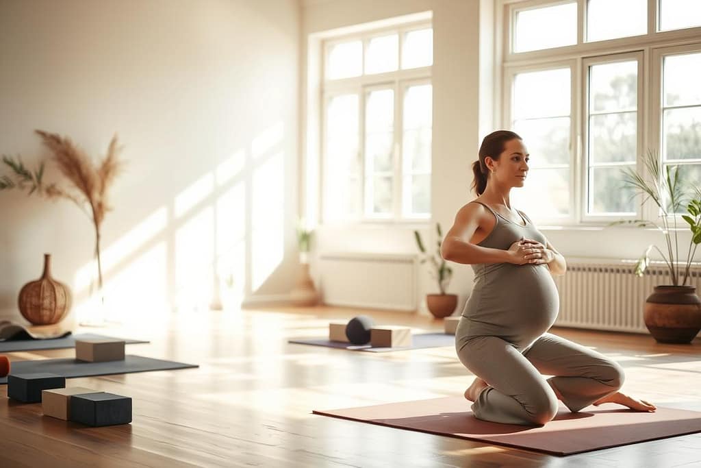A pregnant woman is kneeling on a yoga mat in a sunlit room, holding her belly and looking serene. The space is decorated with yoga props, potted plants, and natural light streaming through large windows.