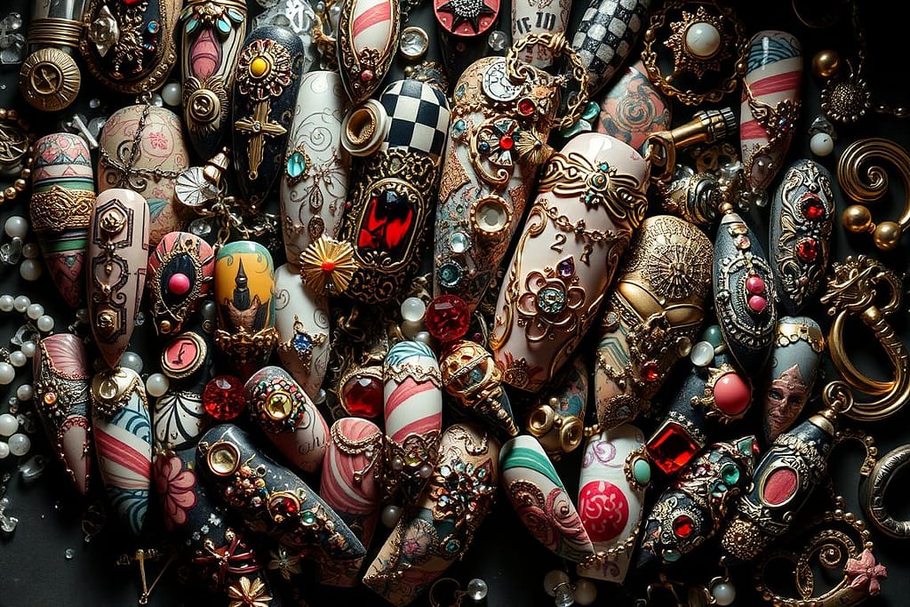 A complex array of intricate nail designs, each one more ornate than the last. Swirling patterns, clashing colors, and an excessive use of embellishments create a chaotic and overwhelming visual landscape. The nails are adorned with an array of gems, charms, and metallic accents, giving the impression of an overly busy and cluttered aesthetic. The lighting is harsh, creating harsh shadows and highlights that further emphasize the overcrowded nature of the designs. The overall composition is disjointed and lacks cohesion, making it difficult for the viewer to focus on any one element. The mood is one of anxiety and visual exhaustion, conveying the message that less is often more when it comes to nail art.