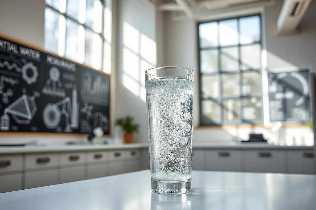 Glistening glass of sparkling water on a modern table in a bright laboratory, with scientific diagrams on a chalkboard background, prompting the inquiry: Is Sparkling Water Actually Healthy?