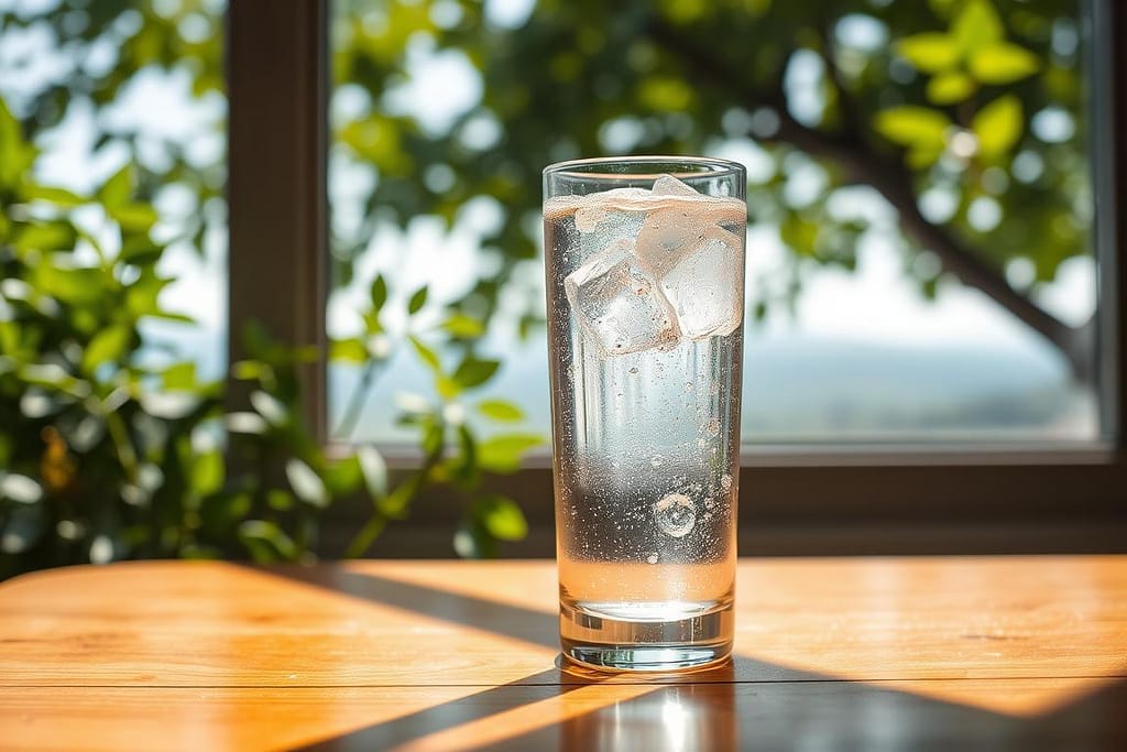 A refreshing glass of sparkling water rests on a wooden table, the bubbles dancing in the soft natural light streaming through a nearby window. The crisp, clean liquid reflects the tranquil scene, evoking a sense of hydration and rejuvenation. In the background, verdant foliage and a serene landscape create a calming atmosphere, emphasizing the purity and revitalizing properties of the sparkling water. The image is captured with a shallow depth of field, drawing the viewer's attention to the captivating effervescence of the hydrating beverage.