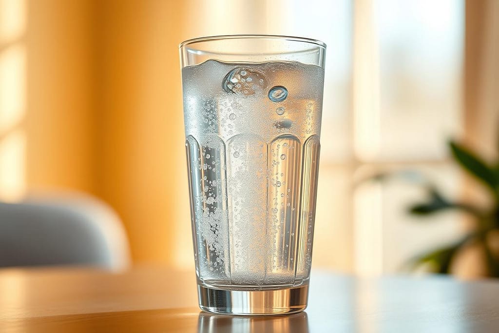 A vibrant, high-resolution image of a glass of sparkling water against a soft, blurred background. The glass is positioned in the center of the frame, capturing the effervescent bubbles rising to the surface, which reflect the natural light streaming in from an unseen window. The lighting is warm and inviting, casting a gentle glow on the glass and the water. The composition is balanced, with the glass occupying the foreground and the blurred background providing a sense of depth and context. The overall mood is one of refreshment and clarity, inviting the viewer to ponder the healthiness of this fizzy beverage.