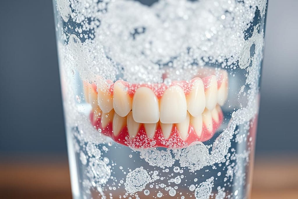 A sparkling glass of effervescent water, its bubbles glistening under soft, diffused light. Nestled within the liquid, a set of pristine white teeth, their enamel shimmering with a subtle sheen. The scene is captured in a close-up, highlighting the interplay between the bubbly water and the dental display. The background is subtly blurred, drawing the viewer's focus to the central subject matter. The overall mood is one of intrigue and scientific curiosity, inviting the viewer to consider the complex relationship between sparkling water and dental health.