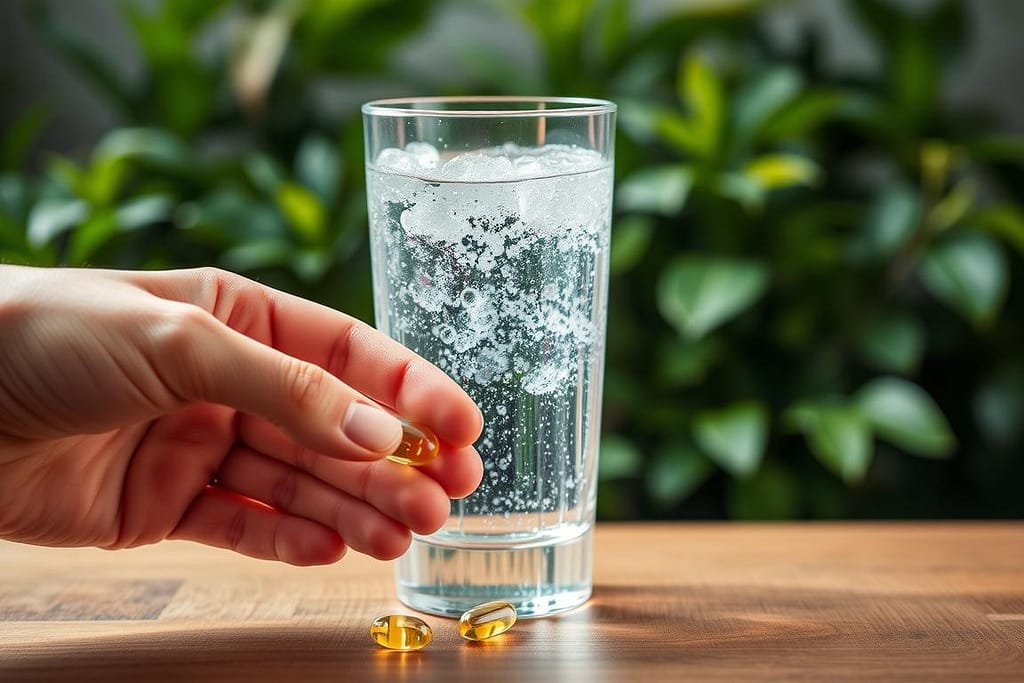 A crystal-clear glass of sparkling water rests on a wooden table, its effervescent bubbles glistening under soft, diffused lighting. In the foreground, a human hand holds a digestive supplement, the capsule's translucent shell catching the light. The middle ground features a backdrop of lush, green foliage, hinting at the natural, healthy essence of the scene. The overall atmosphere conveys a sense of balance, wellness, and the harmony between hydration and digestion.