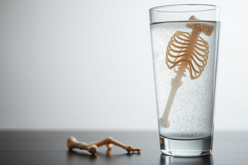 A glass filled with bubbly, effervescent carbonated water stands in the foreground, its surface subtly reflecting the soft, natural lighting. Partially submerged in the water, a delicate collection of human bones - a femur, a rib cage, and smaller phalanges - are arranged in a contemplative, yet captivating manner. The middle ground is a serene, minimalist backdrop, allowing the interplay between the liquid and the skeletal elements to take center stage. The overall mood is one of introspection, drawing the viewer's attention to the complex relationship between carbonated beverages and bone health.