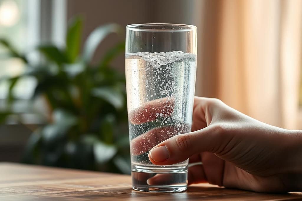 A close-up view of a human hand holding a sparkling water glass, with tiny bubbles gently rising and popping on the surface. The glass is placed on a wooden table, with a blurred background of various green plants and a soft, natural lighting that casts a warm, ethereal glow. The composition emphasizes the delicate, effervescent nature of the sparkling water, hinting at potential side effects such as bloating, gas, or tooth enamel erosion. The overall mood is contemplative, inviting the viewer to consider the potential trade-offs of this popular beverage.