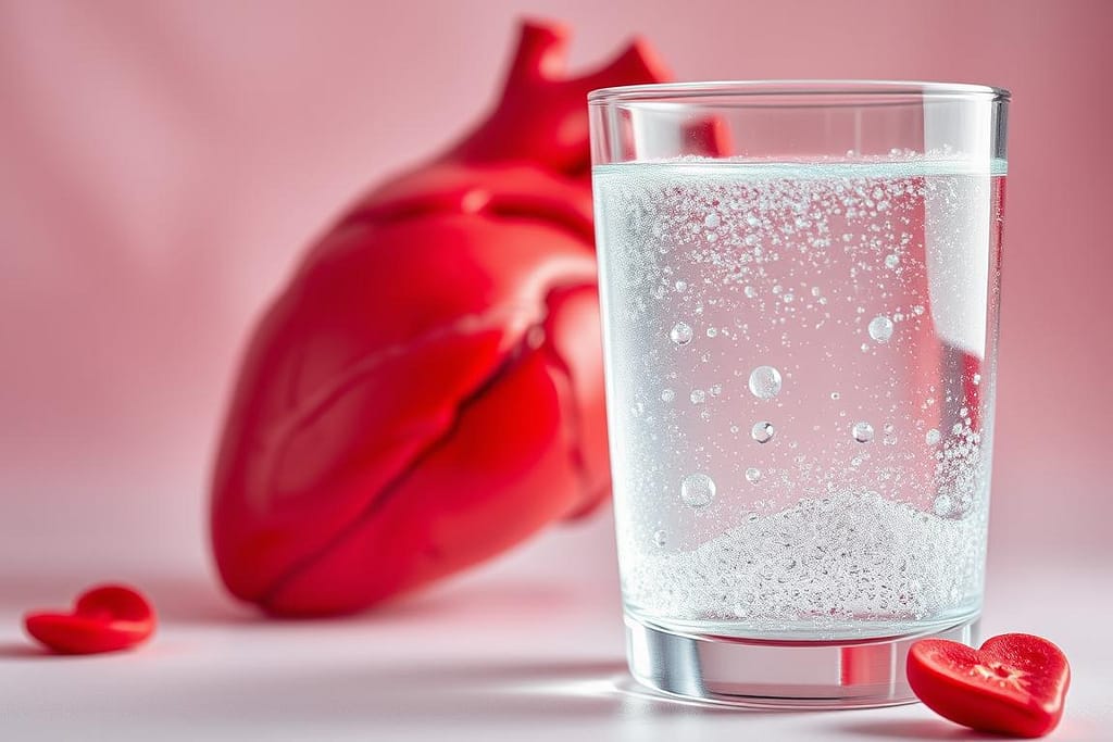 A vibrant still life featuring a glass of sparkling water set against a backdrop of a healthy heart. The glass is filled with crystal-clear carbonated water, glistening with tiny bubbles that catch the light. The heart is rendered in intricate anatomical detail, its crimson hues and delicate structures conveying the essence of cardiovascular health. Soft, diffuse lighting illuminates the scene, creating a sense of warmth and vitality. The composition is balanced, with the heart and water glass positioned harmoniously, conveying a visual metaphor for the connection between hydration and heart health. The overall mood is one of wellness, clarity, and the rejuvenating power of sparkling water.