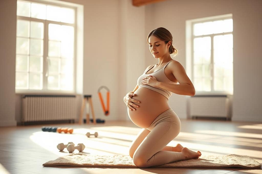 A pregnant woman kneels on a rug in a sunlit room, wearing a sports bra and leggings. She gently holds her belly with both hands. Exercise equipment like dumbbells is visible in the background near large windows.