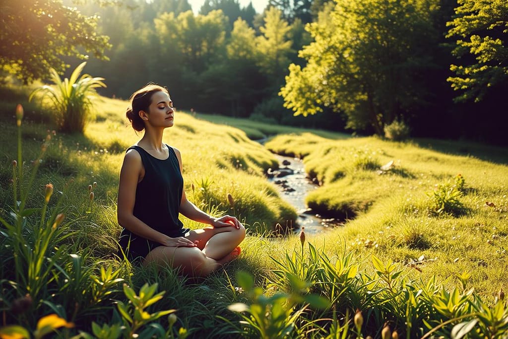A person meditates peacefully in a sunlit, green meadow beside a gentle stream. They sit cross-legged amid lush grass and flowering plants, surrounded by tall trees under a clear sky, creating a serene and tranquil atmosphere.