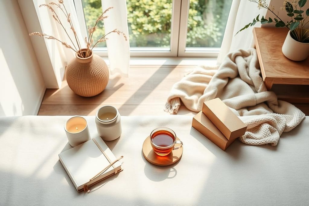 A cozy scene with a cup of tea on a saucer beside stacked books and candles on a bed. Soft natural light filters through a large window with sheer curtains, illuminating a knitted blanket and a decorative vase on the floor.