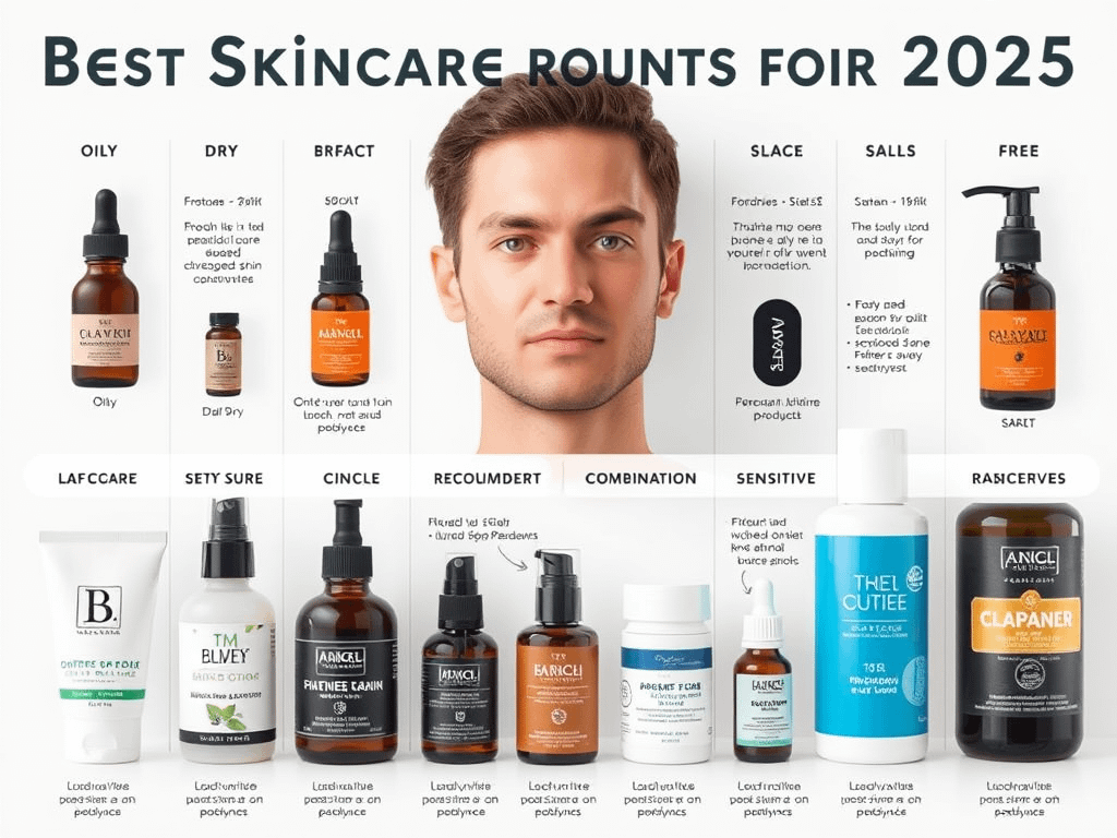 A skincare routine chart displaying different men's skin types and recommended natural skincare for men products. The visually appealing guide includes organic and chemical-free skincare options, helping men choose the best skincare products for men in 2025.
