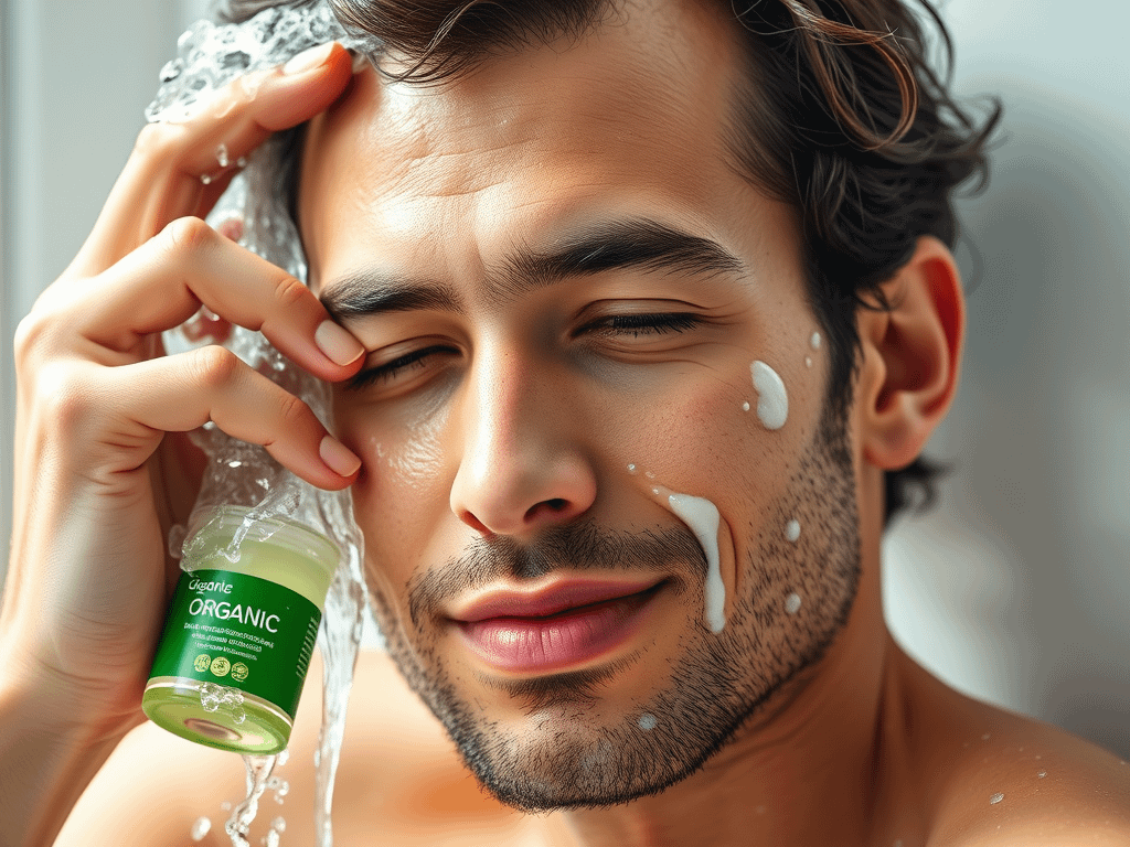 A man washing his face with an organic cleanser, as water splashes around him. This refreshing moment is part of a men’s skincare routine, highlighting the importance of natural skincare for men. Ideal for those seeking the best skincare products for men in 2025 to maintain healthy skin.