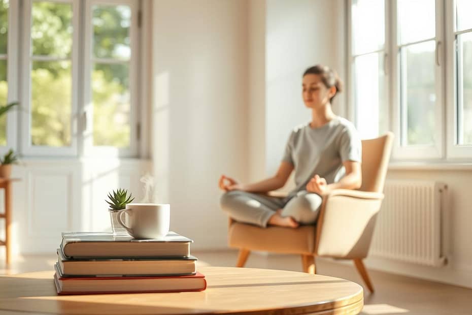 A person sits cross-legged in a chair, meditating in a bright room with large windows. In the foreground, a table holds a stack of books, a small plant, and a steaming cup. Sunlight streams in, casting a warm glow.