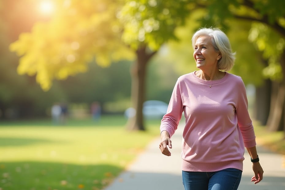 A woman walking in a park on a sunny day, wearing a pink sweater and blue jeans. The scene features a pathway lined with trees and a grassy area, with sunlight filtering through the branches, creating a serene atmosphere that conveys a sense of balance and tranquility.
