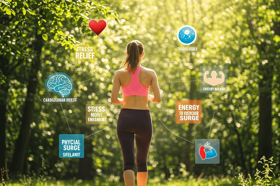 A woman walks along a forest trail wearing a pink sports top and black leggings. The image is overlaid with icons and text highlighting the benefits of walking, such as 'stress relief,' 'cardiovascular health,' 'mood improvement,' 'mental clarity,' and 'energy boost.' The serene forest background, bathed in sunlight, underscores the importance of a 'daily walk' for physical and mental well-being.