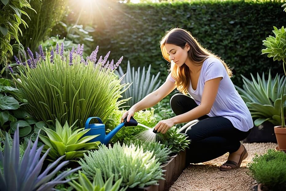 A woman in a white shirt and black pants kneels in a lush garden, using a blue watering can to nourish green plants. Lavender flowers and various succulents surround her, showcasing the power of gardening for mental health. Sunlight filters through trees, casting a warm glow on the scene.