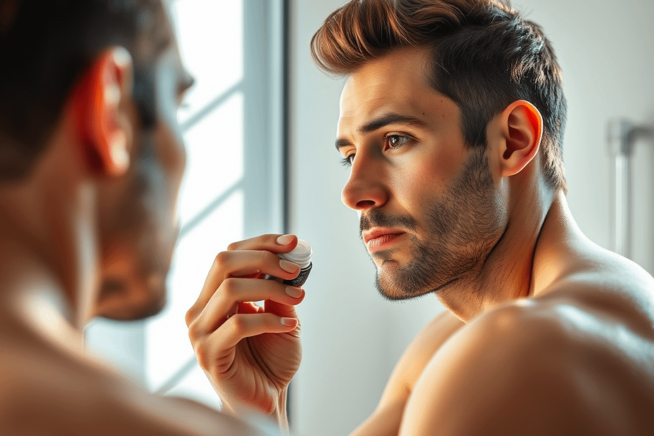 A man applying moisturizer in front of a mirror as part of his daily men's skincare routine. The well-groomed man focuses on natural skincare for men, using a chemical-free moisturizer in a modern bathroom. Perfect for those looking for the best skincare products for men in 2025.