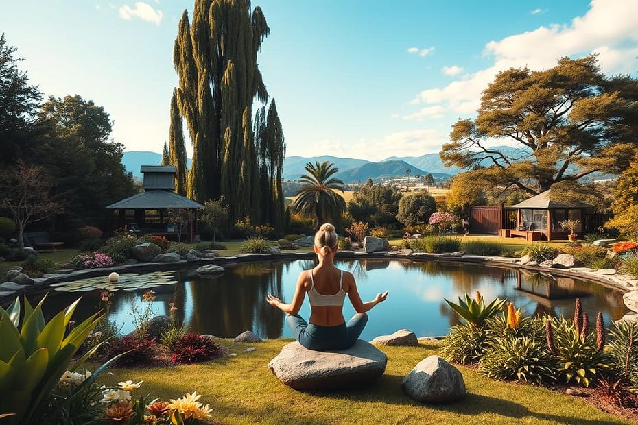 A person sits cross-legged on a rock by a serene pond, embraced by lush greenery and flowering plants. Tall trees whisper secrets of holistic wellness, while mountains and a clear blue sky paint the backdrop of this tranquil setting.