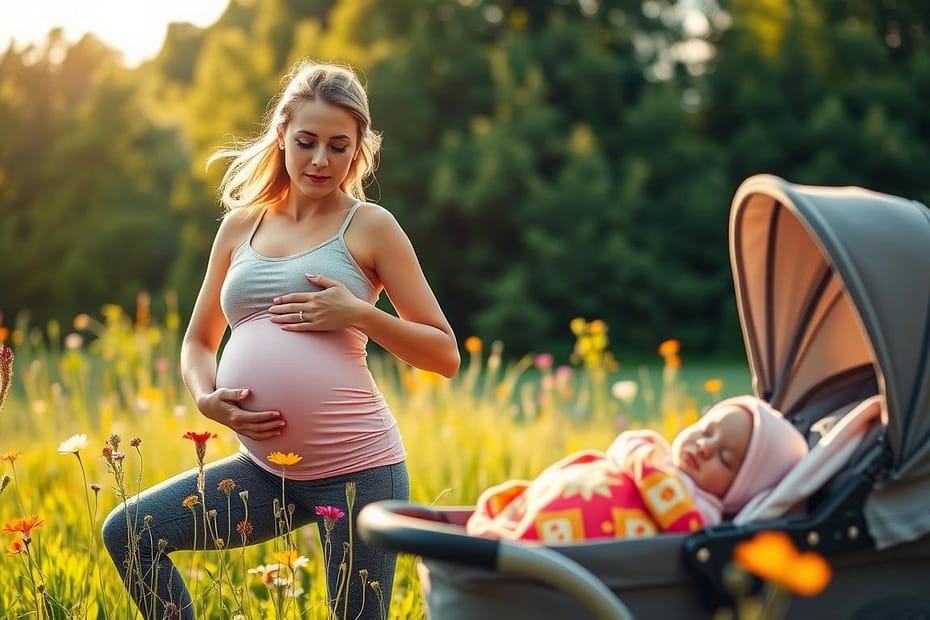 A pregnant woman stands in a sunlit field of wildflowers, gently touching her belly, enjoying a moment of peaceful pregnancy exercise. Beside her, a stroller holds a sleeping baby wrapped in a colorful blanket. Trees are visible in the background.