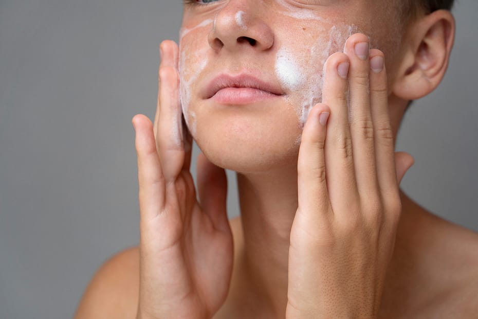 A person applies facial cream using both hands, focusing on skin cleansing around their mouth and cheeks. The visible cream accentuates their smooth complexion, set against a plain gray background.