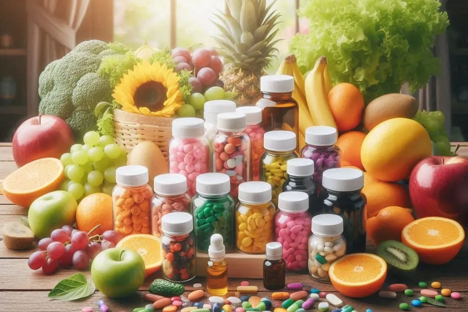 A wooden table in a sunlit room showcases bottles of essential vitamins alongside a colorful array of pills and fresh fruits and vegetables, including apples, oranges, grapes, bananas, lettuce, and a pineapple.